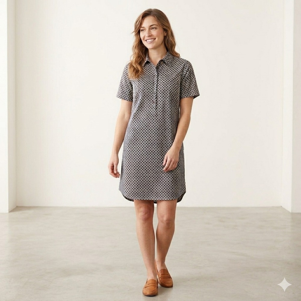 J Crew Factory Shirt Dress Size 6 Navy Blue Cream Geometric Print Collared Shift